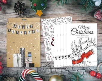 Merry Christmas and Happy New Year Cards set of 6, Santa's Reindeer Holiday Cards Holiday Greeting Card Pack Christmas Cards