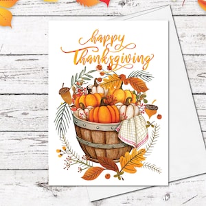 Supperb Thanksgiving Cards Set - Baril en bois avec citrouilles Feuilles d’automne Carte de Thanksgiving Cadeau Fait à la main Cartes de vœux Vierges