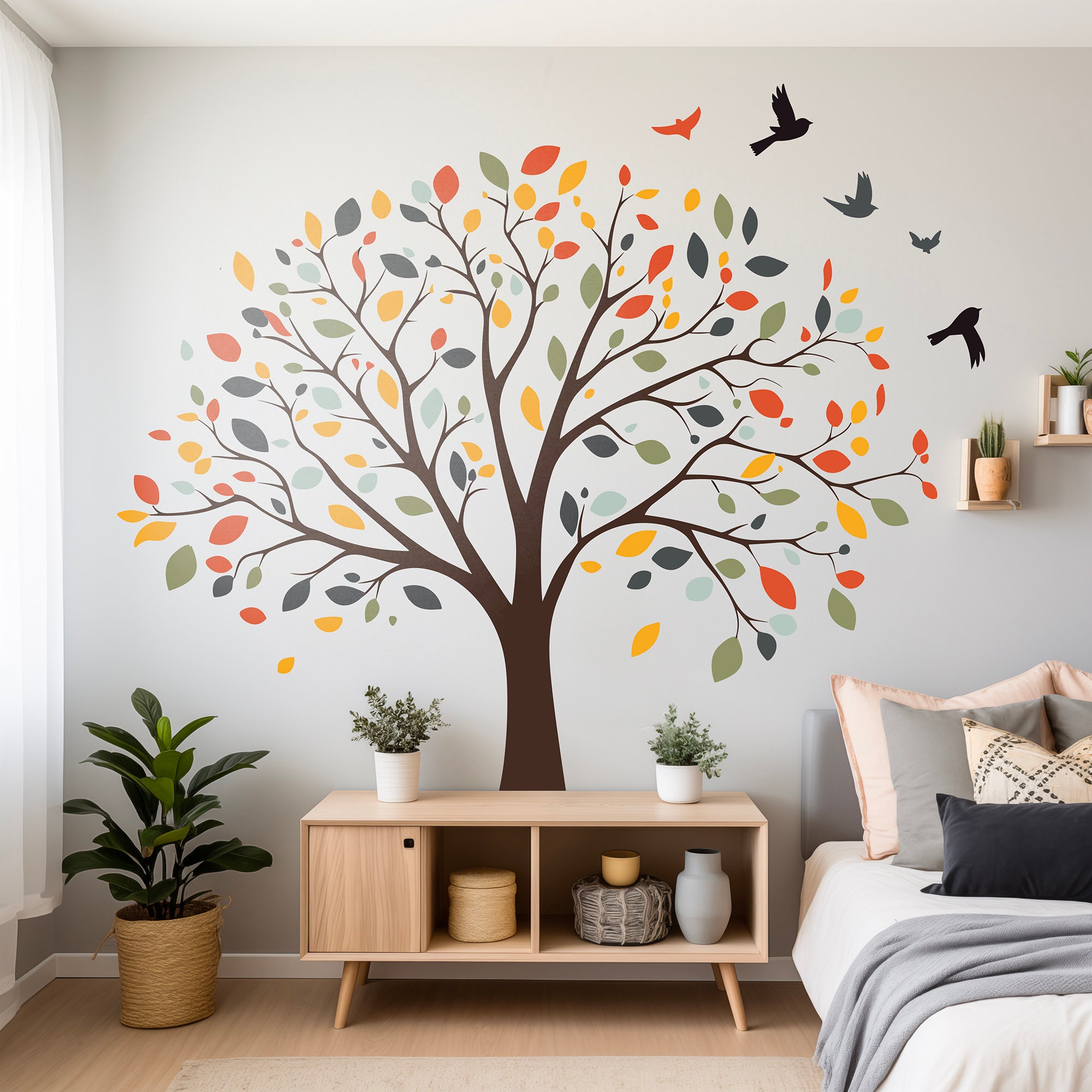 Large Tree With Birds Removable Wall Decal – Vibrant Fall Colors Leaf ...
