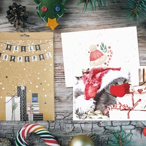 6 jolies cartes de Noël en quarantaine pour joyeux Noël, bébé chat avec masques faciaux, bonnets de père Noël, cartes de Nouvel An, voeux de vacances amusants, cartes de masque facial