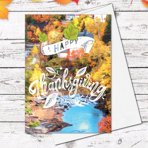Happy Thanksgiving Card Autumn Forest Creek quitte Country Landscape Carte de vœux Carte d’aquarelle Vierge Cartes de vœux de Thanksgiving