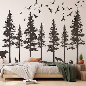 Woodland Nursery Wall Decal, Pine Trees with Adorable Bear, Moose, Bear birds, Large Tree Decals, Forest Wall Sticker