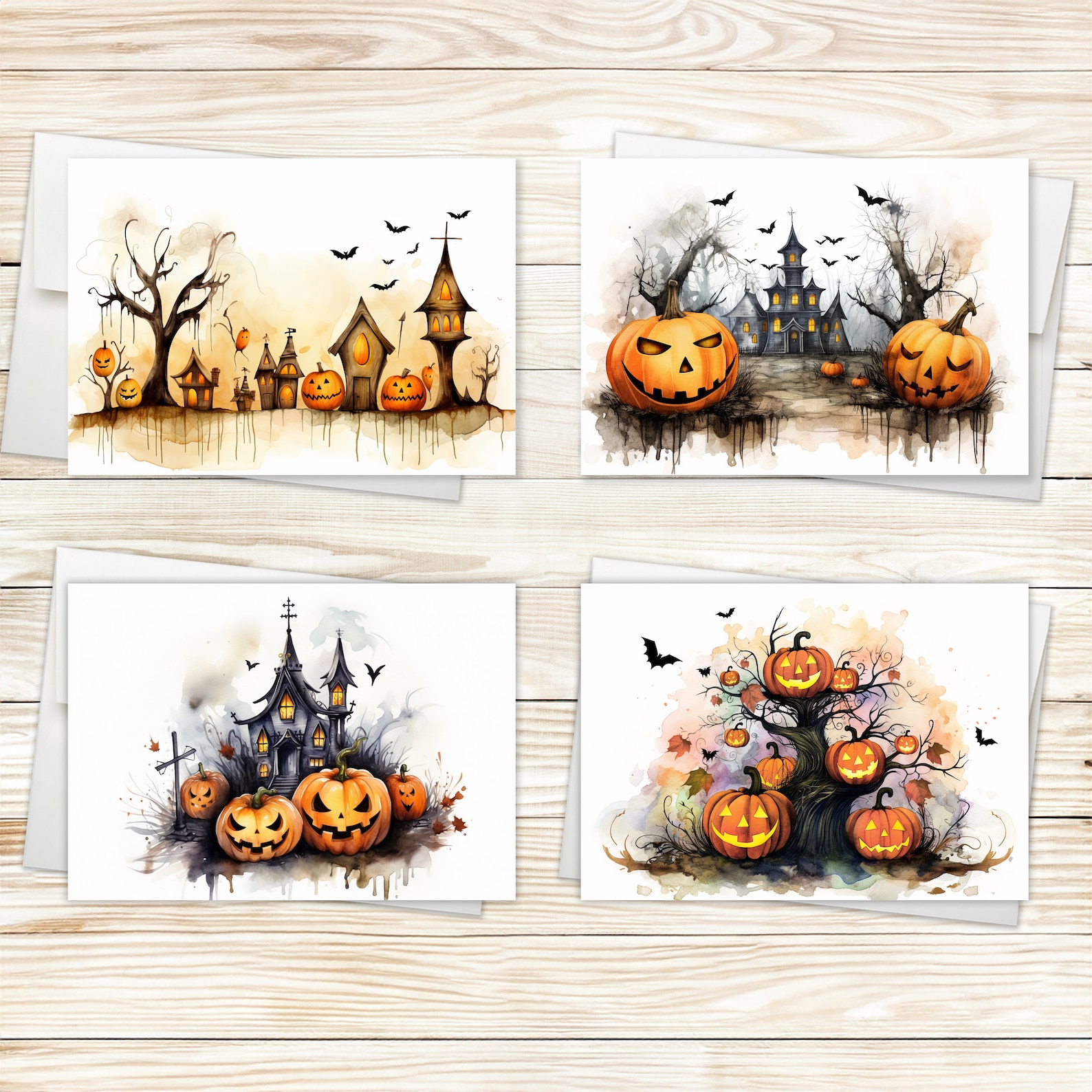 Watercolor Halloween Card Set, Fall Note Cards - Etsy