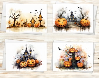 Watercolor Halloween Card Set, Fall Note Cards