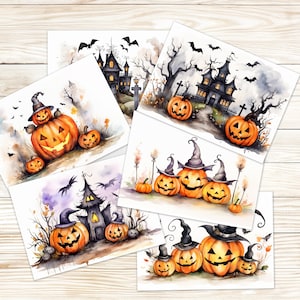 May include: A set of six watercolour illustrations featuring Halloween-themed pumpkins and houses. The illustrations are painted in a whimsical style with a variety of colours, including orange, black, and green. The pumpkins are all different shapes and sizes, and some have spooky faces painted on them. The houses are also decorated with Halloween-themed details, such as bats and spiderwebs.