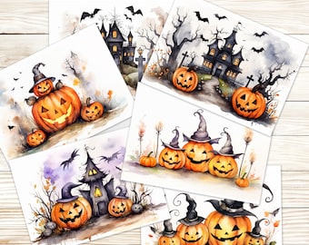 Könnte beinhalten: Ein Set mit sechs Aquarell-Illustrationen mit Halloween-Motiven wie Kürbissen und Häusern. Die Illustrationen sind in einem verspielten Stil mit verschiedenen Farben gemalt, darunter Orange, Schwarz und Grün. Die Kürbisse sind alle in verschiedenen Formen und Größen, und einige haben gruselige Gesichter darauf gemalt. Die Häuser sind ebenfalls mit Halloween-Details wie Fledermäusen und Spinnweben verziert.