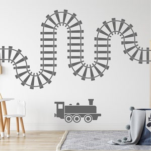 Kids Train Track Wall Decal Set - Modern Monochrome Locomotive & Track ...