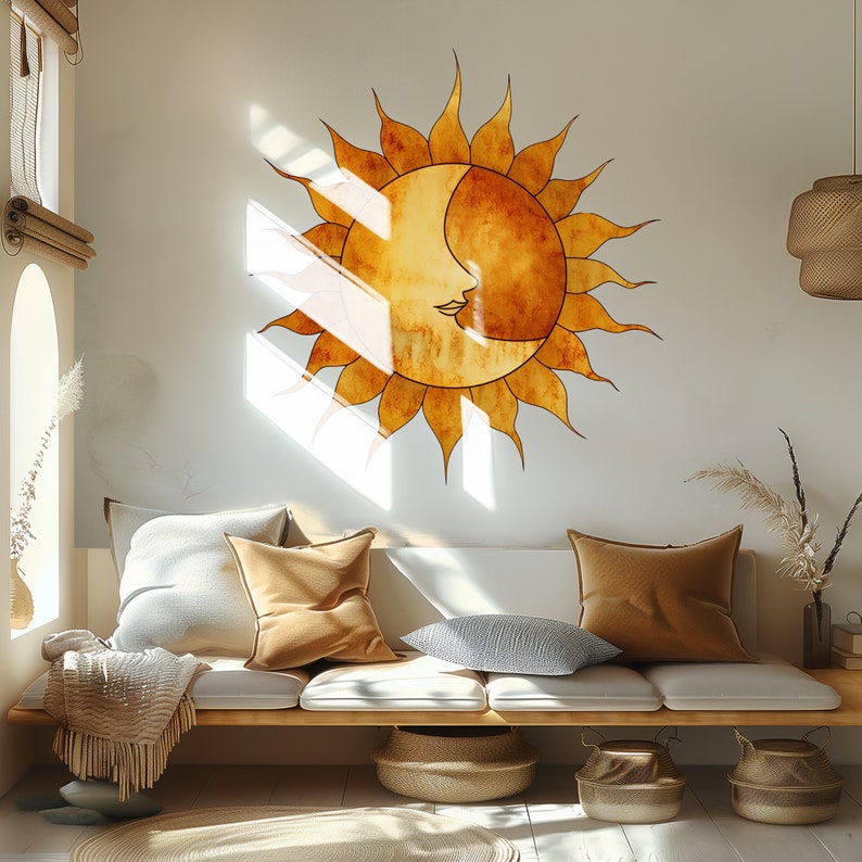 Sun and Moon Wall Decal - Boho Decor for Living Room - Large Sunburst ...