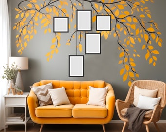 Falling Leaves Elegance for Timeless Living room Nursery Decor, Willow Tree Decal w/ Photo Frames Wall Decal, Watercolor Tree Wall mural