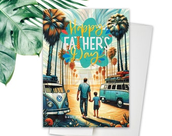 Tropical Beach Father's Day Card - Vintage-Inspired Illustration with Palm Trees, Father & Son Walking, Father's Day Gift
