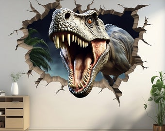 3D Dinosaurs Art Wall Decal, Dinosaur wall stickers, Kids Room Decoration Cracked Mural, Jurassic World Wall Hole Nursery Trex Vinyl Sticker