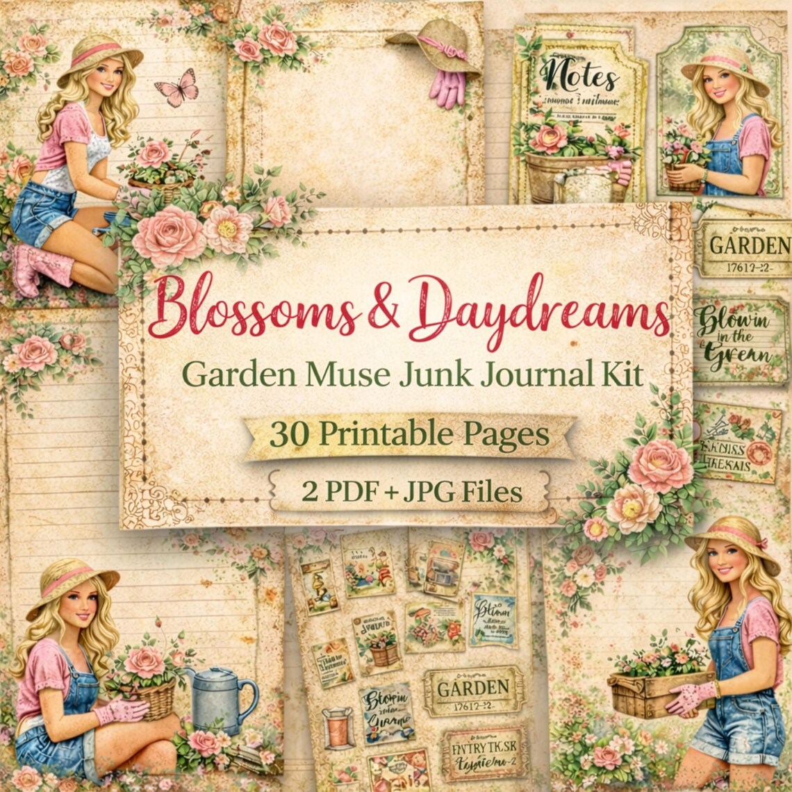 Vintage Girls Garden Junk Journal Kit | Botanical Ephemera (digital ...