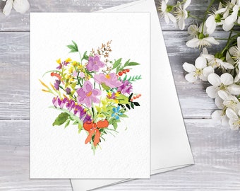 Wildflower Floral Flower Spring bouquet Watercolour Card Flower Greeting Cards Anniversary Mother's day Valentine's Day Blank Greeting Card