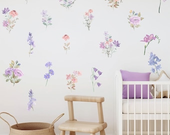 Wandtattoos mit Aquarell-Wildblumenmotiven | Handgefertigte Kinderzimmerdekoration