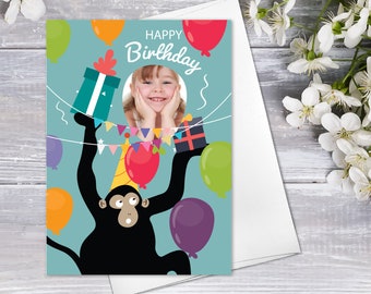 Personalized Photo Birthday Card Children's Birthday Card Custom Birthday Card Add Your Photograph Funny Monkey Happy Birthday Greeting Card