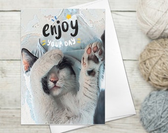 Personalize Cat Funny Greeting Cards  Sleeping Cat Card Enjoy Your Day acrylic painting Card Thank You Cards Cat Custom Name Birthday Card