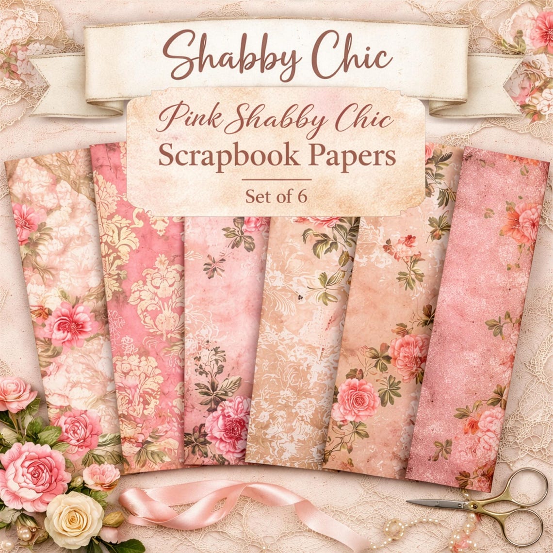 Pink Shabby Chic Scrapbook Paper Set of 6 | Vintage Floral Cottagecore ...