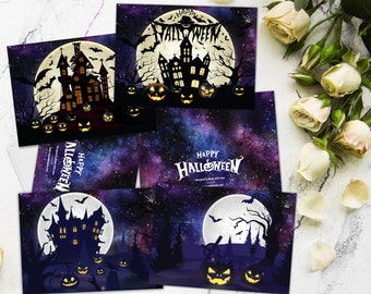 Könnte beinhalten: Vier verschiedene Halloween-Grußkarten mit einem gruseligen Spukhaus, einem Vollmond, Fledermäusen und Kürbissen. Die Karten haben einen sternenklaren Nachthimmel in Lila und Blau als Hintergrund mit dem Text "Happy Halloween" auf jeder Karte.