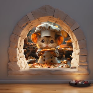 May include: A cartoon mouse wearing a chef's hat and apron holds a pizza slice in front of a stone archway. Two pizzas are visible in the background.