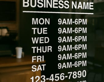 Custom Business Hours Window Decal – Storefront Vinyl Sticker | Business Name, Open Hours, Phone, Website | Shop Window Sign
