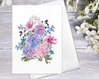 Fleur sauvage Hortensia Floral Fine Art Notes Cartes Florale Vierge Aquarelle Carte Fleur Cartes de Vœux Anniversaire Fête des Mères Cartes de Vœux