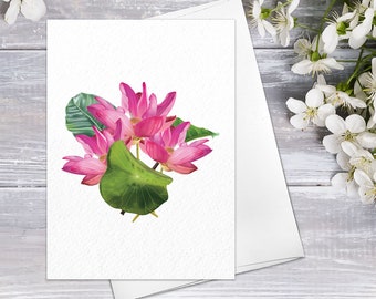 Floral Flower Lotus leaf bouquet Watercolour Card Flower Greeting Cards Lotus Anniversary Mother's day Valentines Day Blank Greeting Card