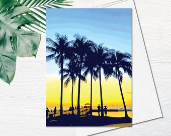 Hawaii Beach Tree Greeting Card Watercolor Sunset Card Palm Tree Fine Art Greeting Card Blank Card