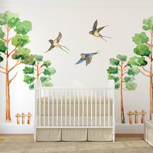 Watercolor Forest Tree Wall Decal, Nursery Mural with Birds