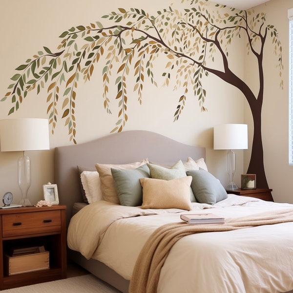 Large Tree Decal Falling Leaves for Bedroom Baby Nursery Wall Decor Sticker, Watercolor Tree Wall mural