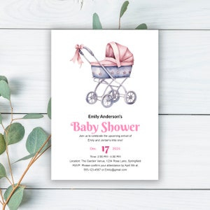 Invitación personalizable al baby shower con tema de cochecito: archivo digital editable e imprimible u opción de impresión profesional disponible