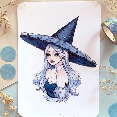 Blue Witch Art Print Watercolor Painting Witchy Illustration - Etsy