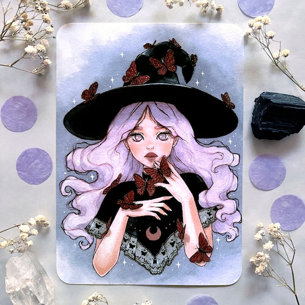 Butterfly Art Print, Witchtober Drawing, Witchy Artwork, Fantasy Illustration