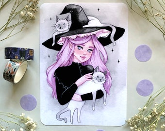 Familiar Art Print, Witchtober Illustration, Halloween Art, Witchy Drawing