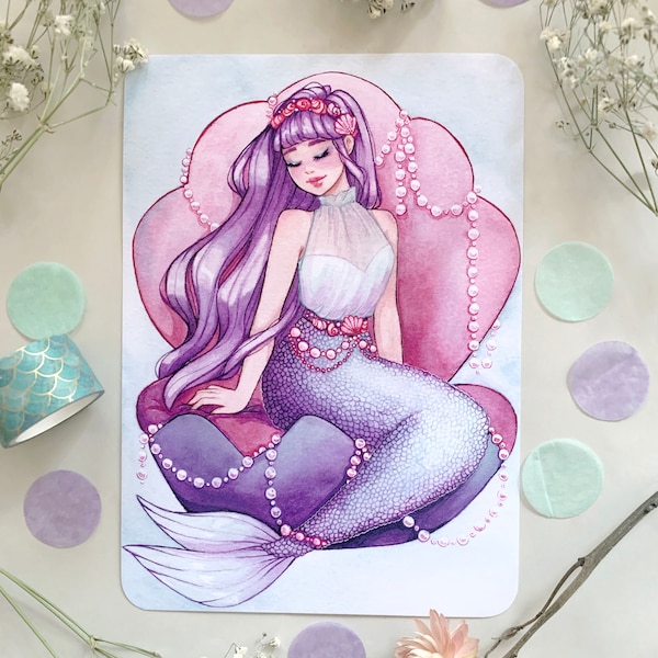 Seashell Mermaid Art Print, Mermay 2021 Illustration, Fantasy artwork