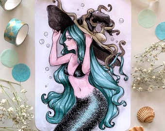 Sea witch Art Print, Mermay 2021, Fantasy Artwork, Watercolor Painting