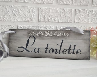 La Toilette Sign for Door, French Country Style, Gray Toilet Door Plaque 9.5 x 3.5 inch