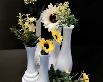 Set of 5 bud vases, milk glass centerpiece, white milk glass vases, vintage wedding vase, cottage style vase, mid-century vase.