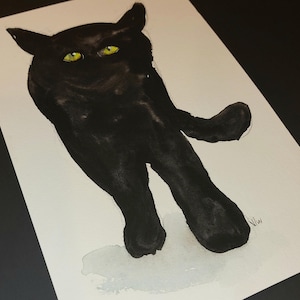 May include: A black cat with yellow eyes is walking on a white background. The cat is painted in a watercolor style.