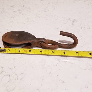 Vintage barn pulley, wood and iron, large pulley, rusty metal hook, large metal hook, weathered wood, home decor light pulley, vintage wood