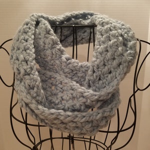 Shiny baby blue winter scarf, chunky infinity scarf, crochet warm and cozy scarf, 80 inch legth 4 inch wide