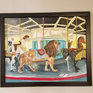 Carousel horse painting, merry go round, colorful horse, carousel art, carnival painting,  carnival art, kids room wall art, original art.