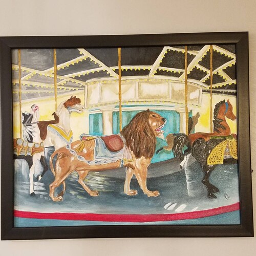 Carousel horse painting, merry go round, colorful horse, carousel art, shops carnival painting, carnival art, kids room wall art, original art.