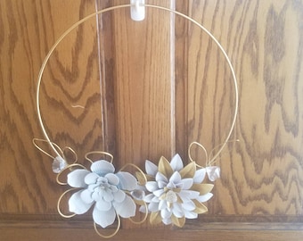14 inch brass wreath, metal flower wreath, simple wreath for front door, glamorous metal wreath, dresden style wreath, white and gold wreath