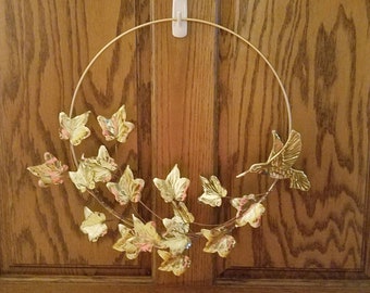 Vintage 14 inch brass wreath, brass leave wreath, simple wreath for front door, metal wreath, dresden style wreath, brass hummingbird.