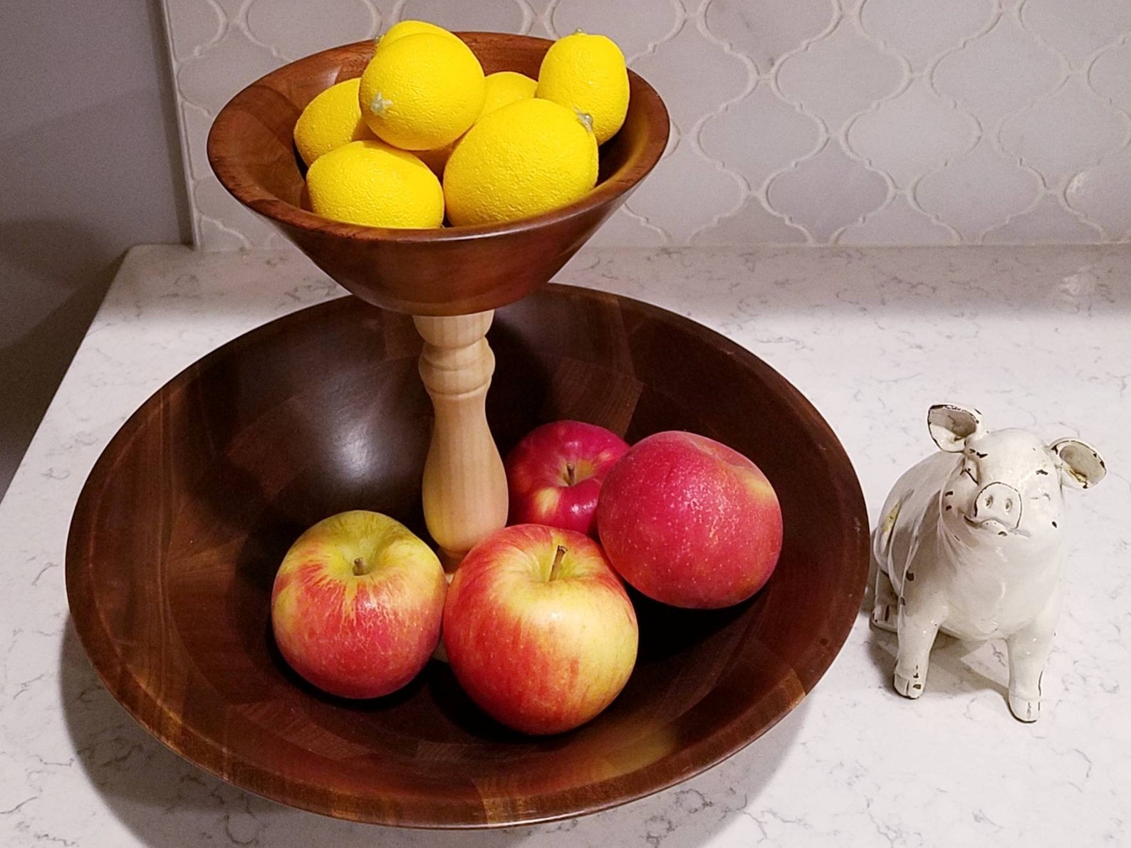 2 Tiered Wood Fruit Stand, 2 Tier Fruit Bowl, Counter Top Storage