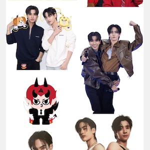 May include: A collage of images featuring two men in various poses. They are wearing casual outfits, including a yellow patterned pajama set, red jackets, and leather jackets. Some images show them holding plush toys.