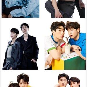 May include: A collage of six photographs featuring two individuals posing together in various outfits, including denim jackets, black sleeveless tops, dark blazers, colorful shirts, and casual hoodies, all set against a plain white background.