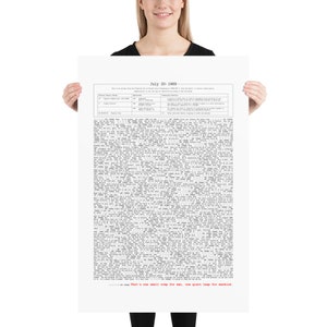 May include: A black and white poster with the text "July 20, 1969" and a transcript of the Apollo 11 mission. The text includes the famous quote "That's one small step for man, one giant leap for mankind."