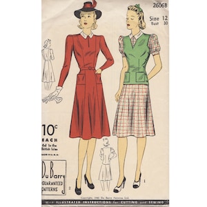 May include: Vintage sewing pattern for a dress with a green vest and a plaid skirt. The pattern number is 2606B, size 12, bust 30. The pattern is from Du Barry Guaranteed Patterns.
