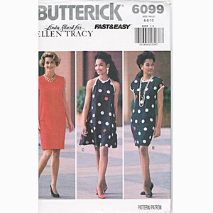 May include: A sewing pattern for three different dresses. The dresses are sleeveless and have a polka dot pattern. The pattern is from Butterick and is for sizes 6-8-10. The pattern is called "Fast & Easy" and is by Linda Allard for Ellen Tracy.